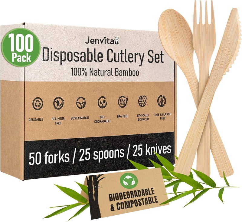 Jenvita 100% Bamboo Utensils Set - 100x Compostable Cutlery Set (50 Compostable Forks, 25 Disposable Spoons, 25 Biodegradable Knives) | Bamboo Silverware | FSC Certified for Weddings, Camping, Party - Image 1